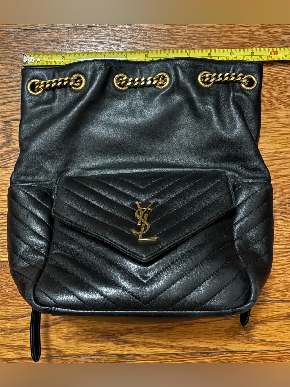Saint Laurent Black Quilted Leather Drawstring Backpack with Gold Chain - Picture 15 of 16